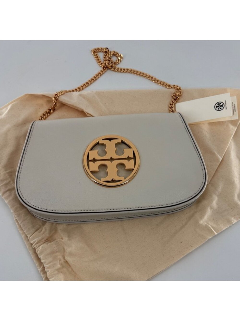 Tory Burch Reva Clutch New Ivory Leather Gold Chain Strap